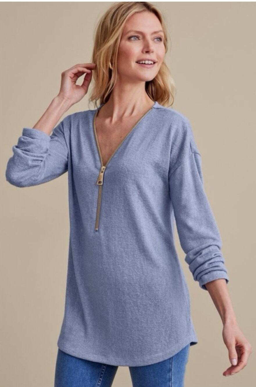 Soft Surroundings Valentina Zip Sweater S Blue Gold Zipper Lightweight Slub